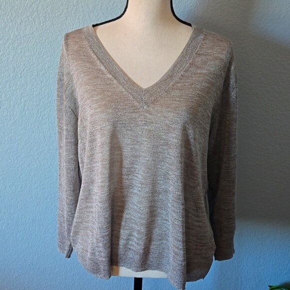 J CREW Relaxed V-neck Metallic Glitter Sweater Top Beige Taupe Gold Holiday Sz L - Picture 1 of 12